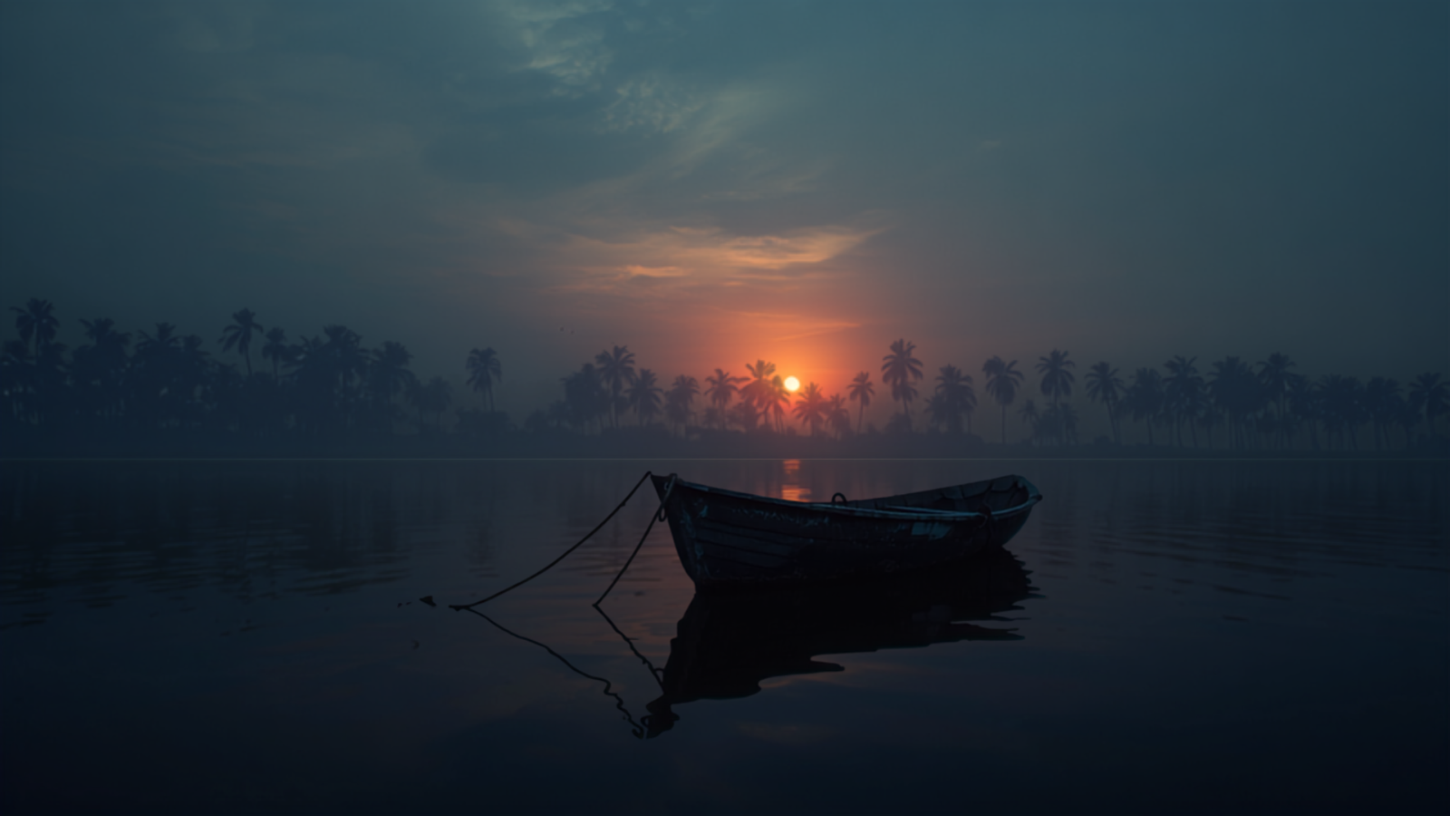 A small boat drifting free of its mooring at dawn over the Kochi backwaters.