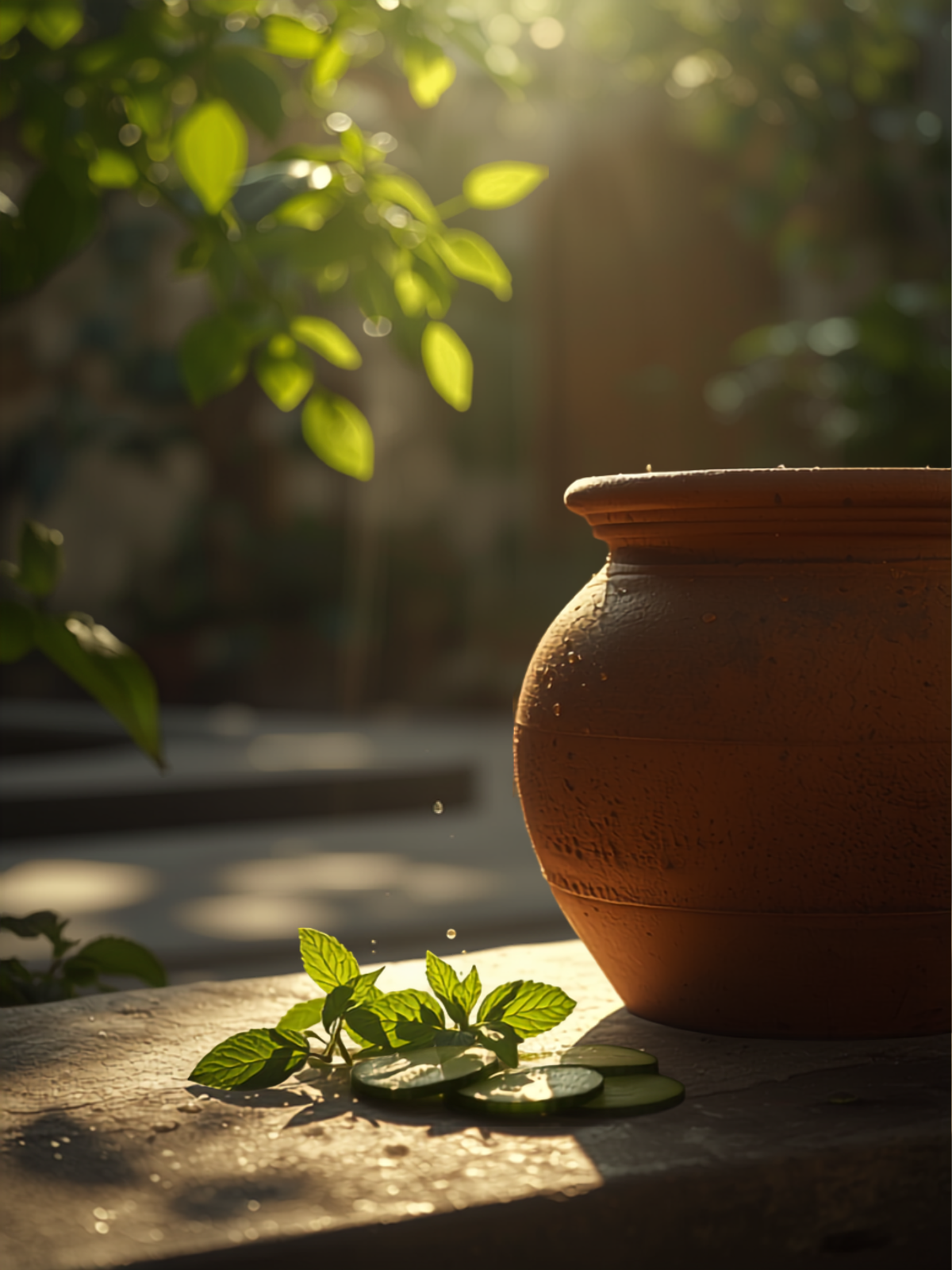 Cooling foods like cucumber and mint contrasted with heating foods like chili and salt, under a bright summer sun