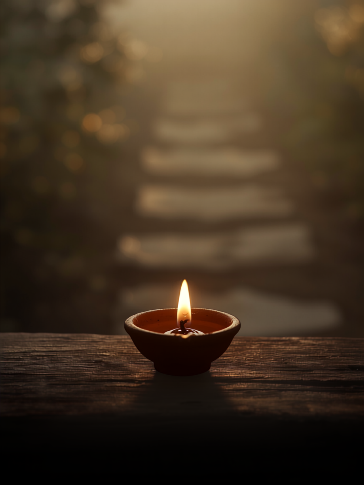 A single oil lamp burning steadily at dawn, symbolizing a small, steady daily practice that endures