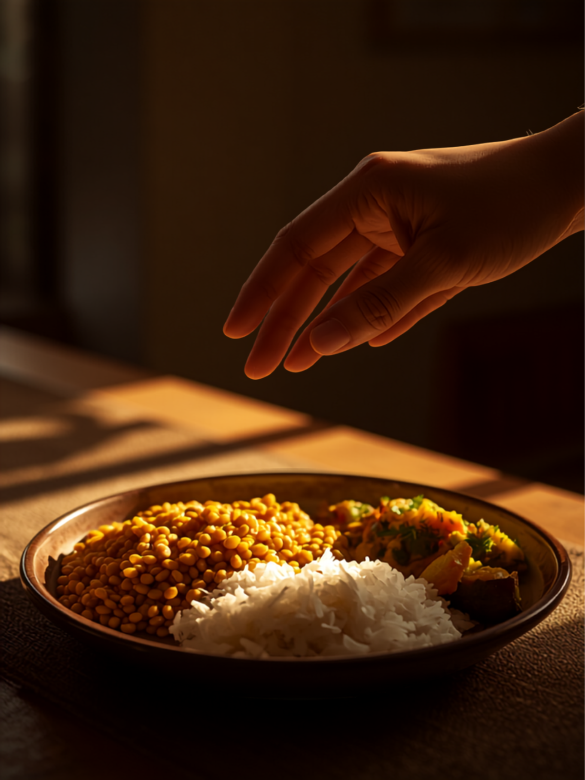 A simple wholesome home meal in warm natural light, a hand pausing thoughtfully before eating