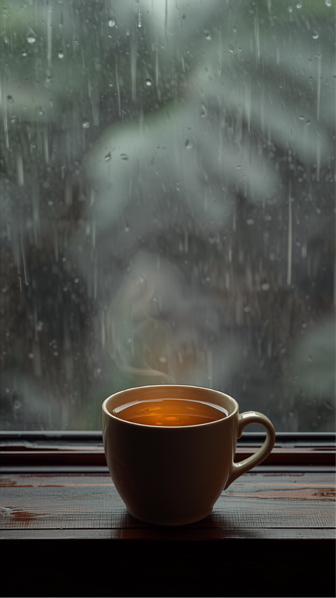 Warm, easily digestible monsoon foods beside a rain-heavy sky