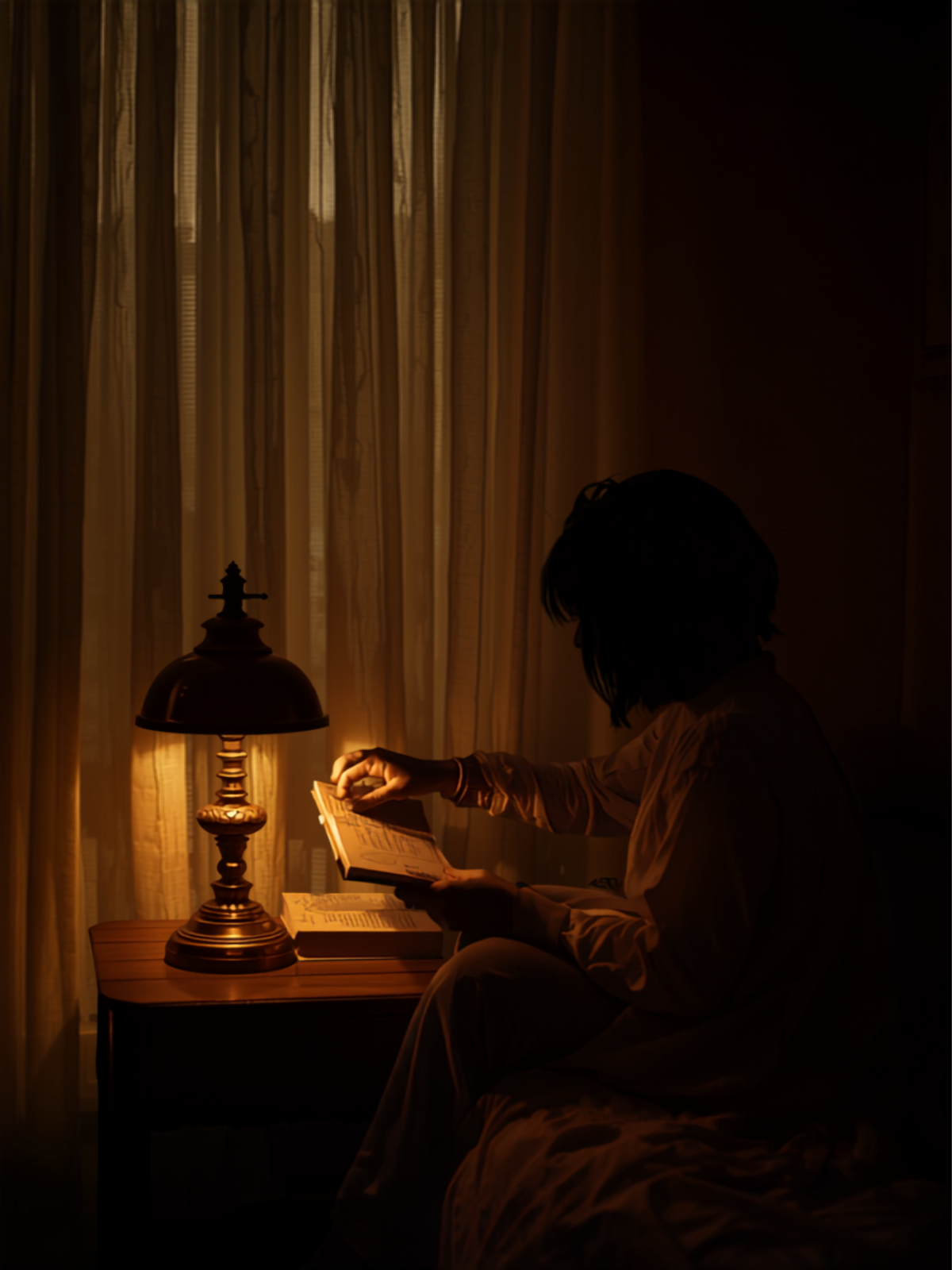 A quiet, softly lit bedroom at dusk, a warm lamp glow, a calm and restful evening scene