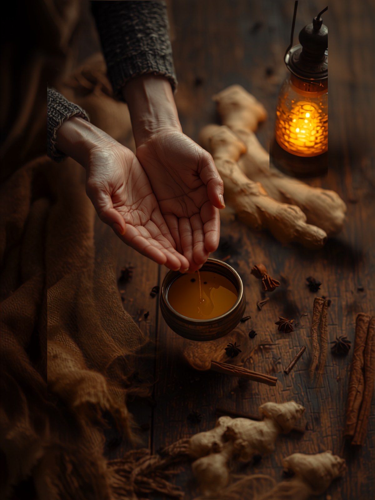 Warm, nourishing winter foods beside a person resting under a blanket